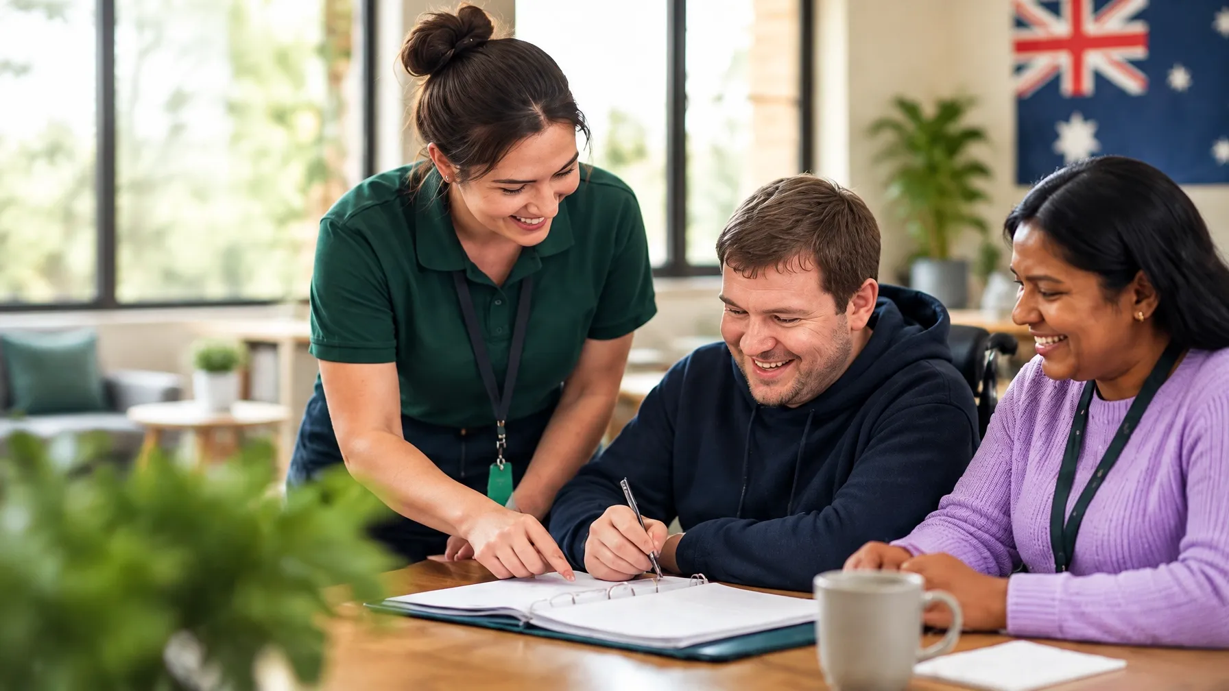 Support professional and participant reviewing paperwork together