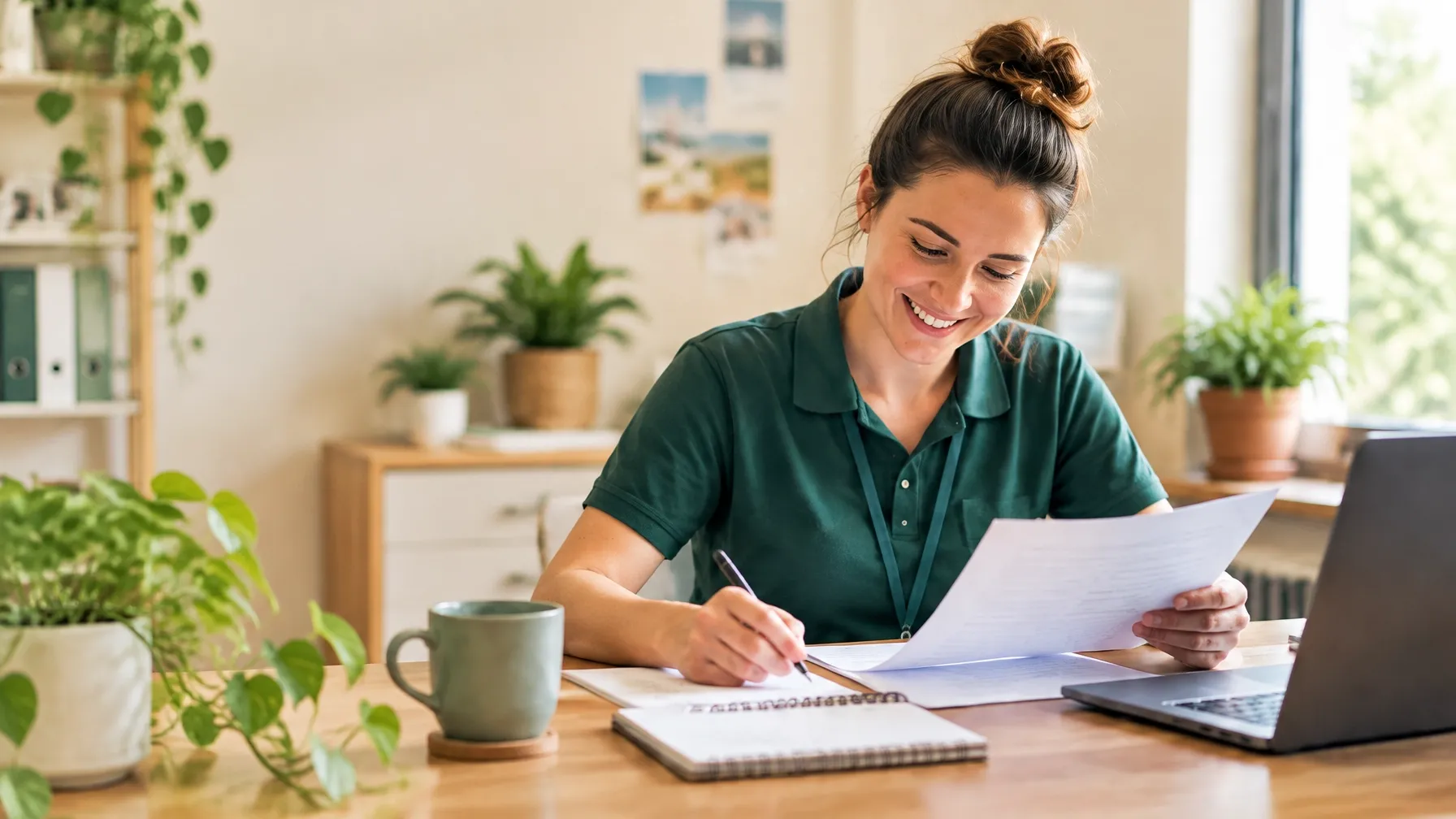 Independent support worker reviewing paperwork at her desk