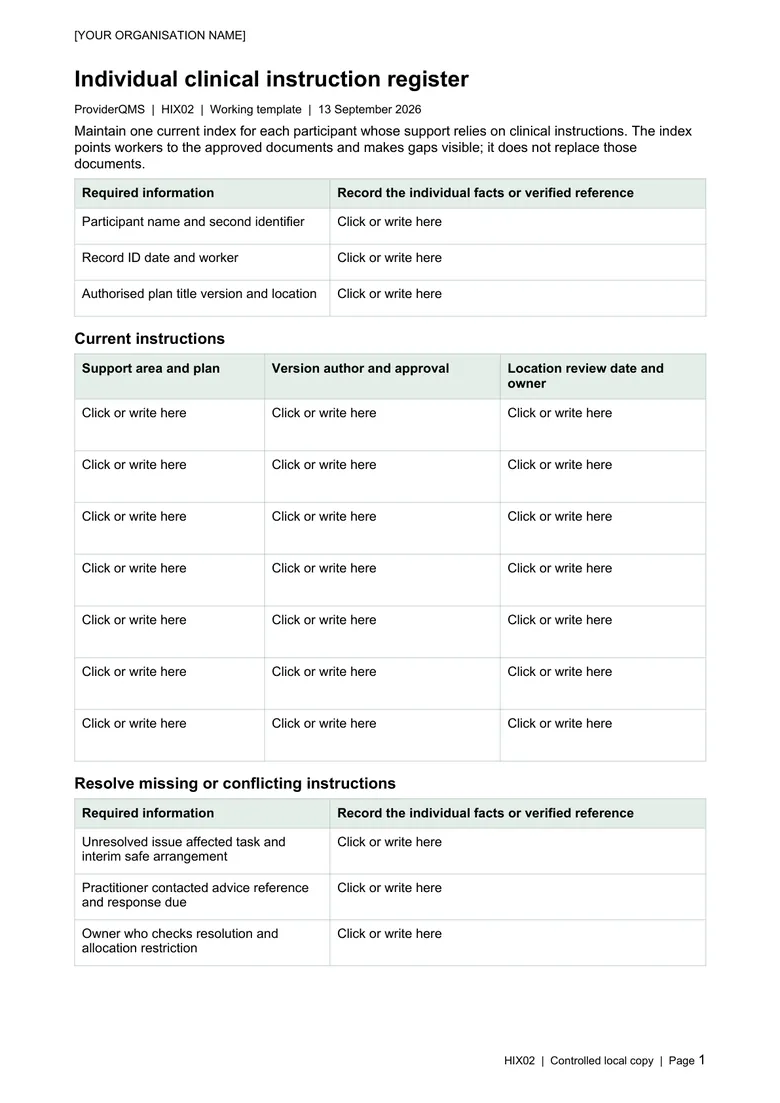 Individual clinical instruction register — High-Intensity & Complex Care Kit document sample Individual clinical instruction register — High-Intensity & Complex Care Kit document sample