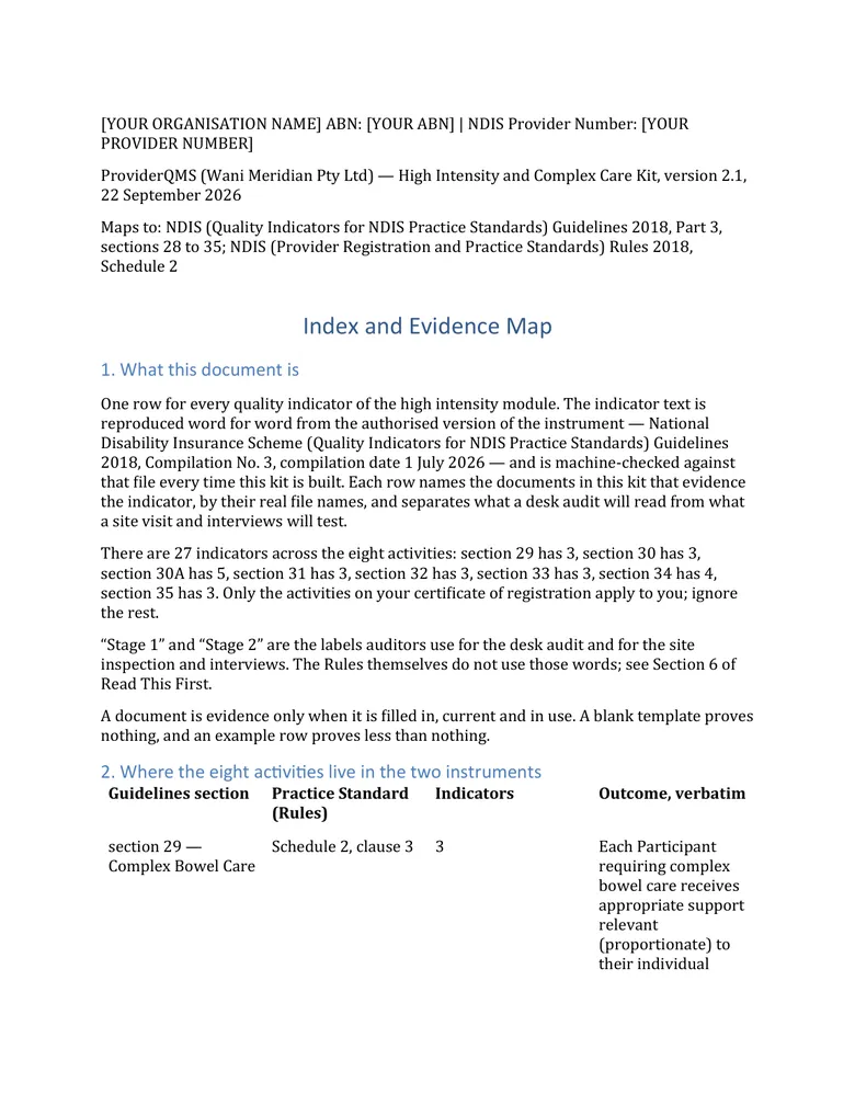 Index and evidence map — High-Intensity & Complex Care Kit document sample
