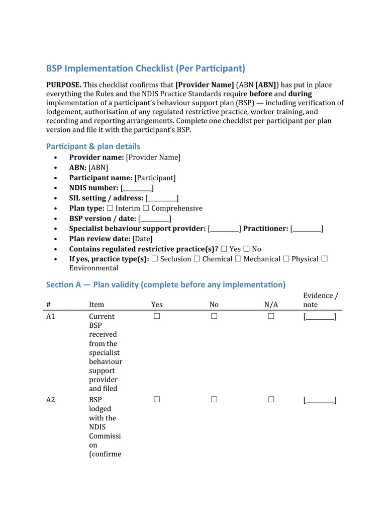 BSP implementation checklist — restrictive practices document sample BSP implementation checklist — restrictive practices document sample
