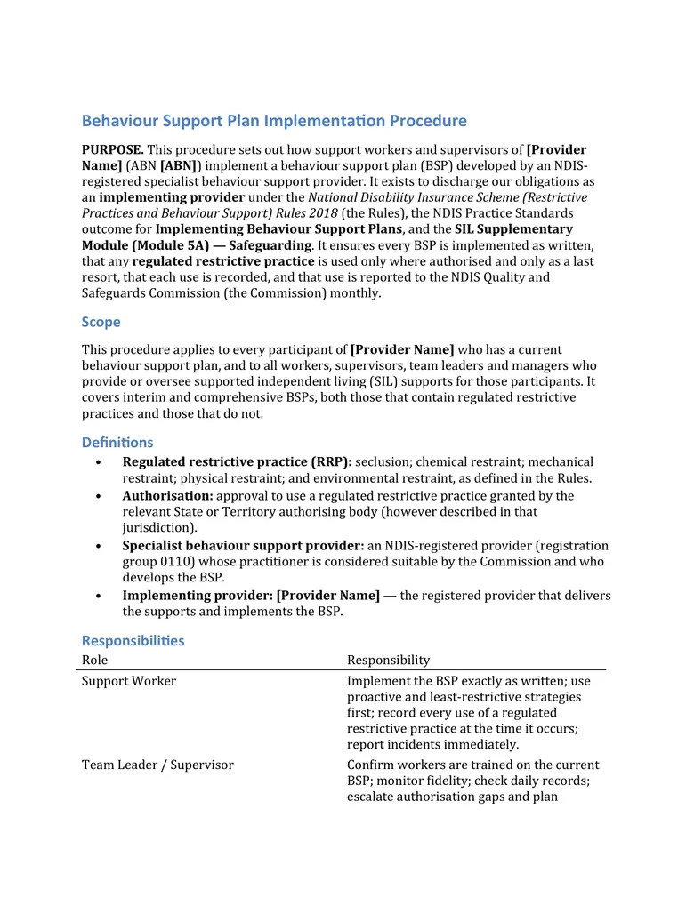 Behaviour support plan implementation procedure — restrictive practices document sample