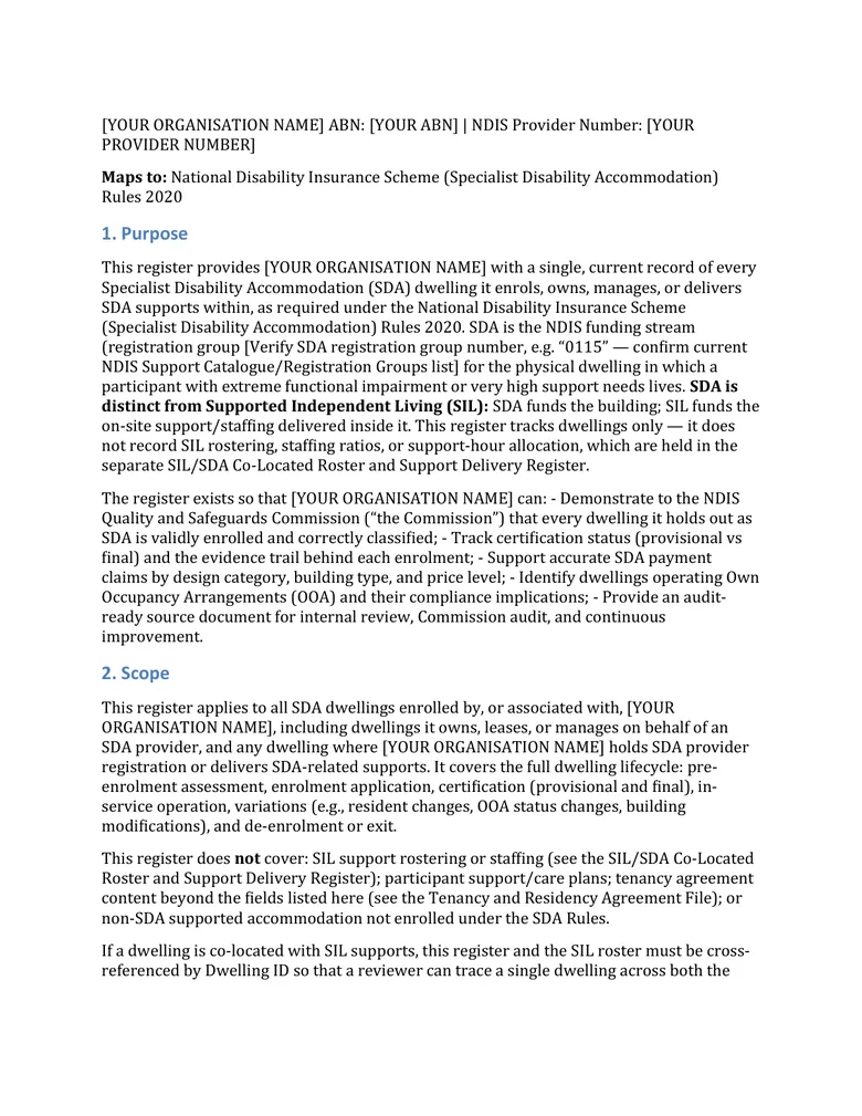 Enrolled dwelling register — SDA Housing & Operations Kit document sample