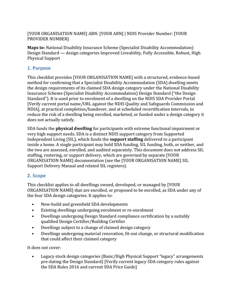 Design standard conformity checklist — SDA Housing & Operations Kit document sample